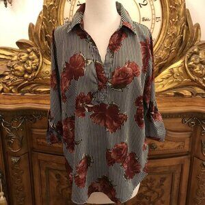 M P H. Size XL. Tab Sleeved Shirt. Pullover. Stripe with Floral. B20
